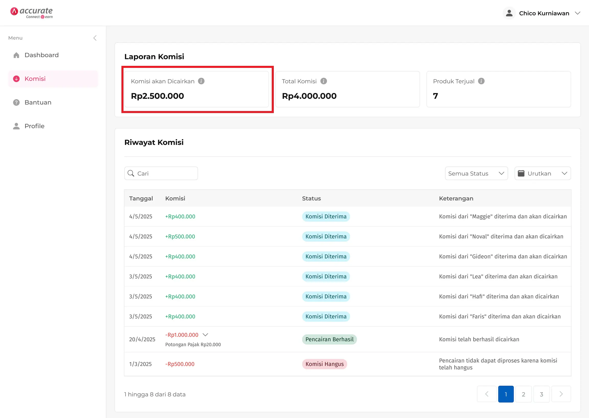 dashboard accurate connect earn